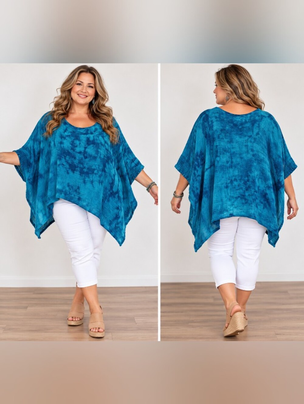 oh my gauze teal blue tie dye gauze poncho top XXL